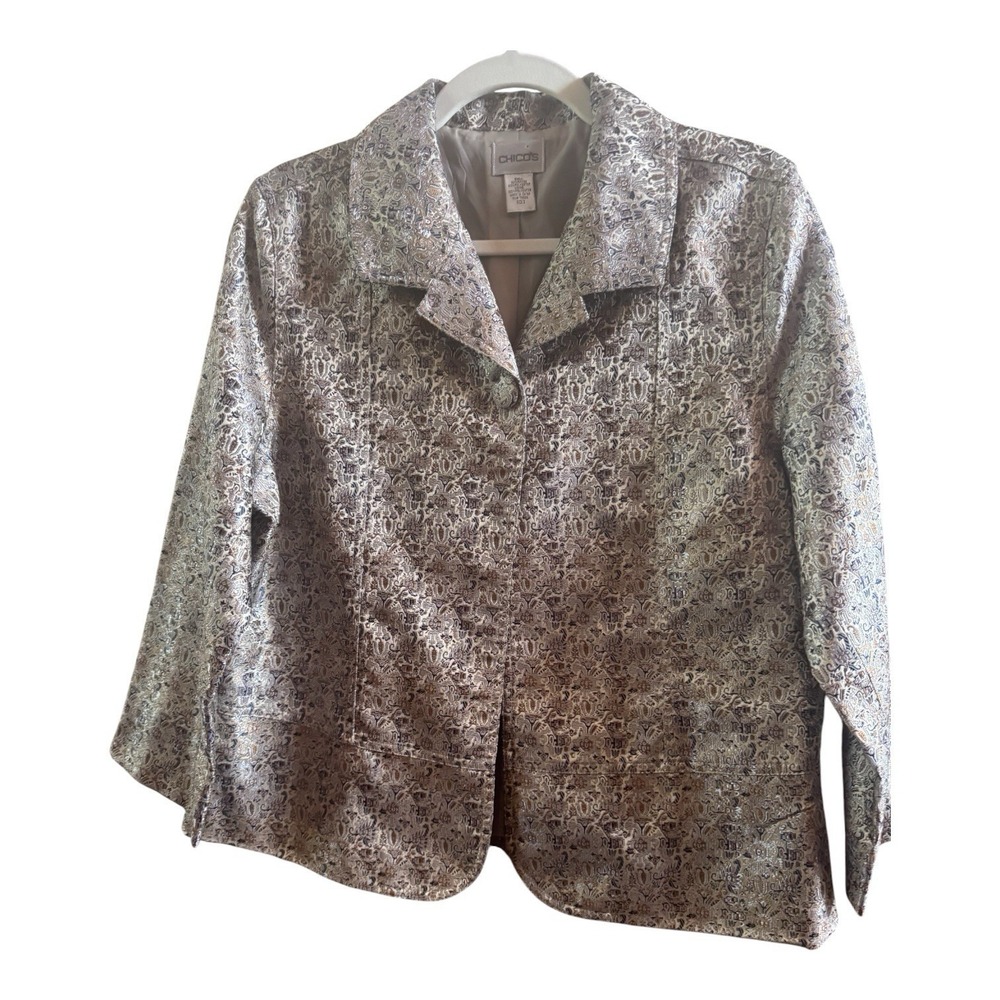 Chico's Size 2 (Large) Metallic Gold Damask Tandie Blazer Structured Collar
